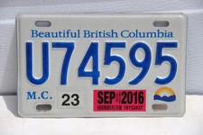 2016 British Colombia  Motorcycle License Plate U74595 picture