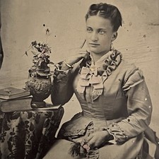 Antique Tintype Photograph Beautiful Young Woman Holding Hair Memento Book Odd picture