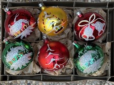 Vintage Poland Green Red Gold Tree House Bell Stencil Glass Ornaments picture