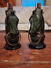 2 vintage 1970s Avon green glass horse head bottles 