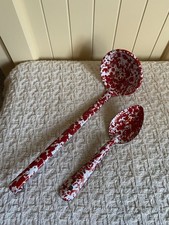 Vintage Red & White Enamelware Speckled Splatterware Soup Ladle & Serving Spoon picture