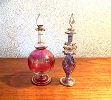 2x Vintage Egyptian Hand Blown Glass Perfume Bottles + stoppers purple + ruby picture