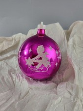 Vintage Hot Pink White Mica Stenciled Cherubs/Angels/Stars Glass Ornament picture