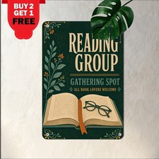 Book Club Meeting Spot High Contrast Typographic Metal Tin Sign Decor 8x12 picture