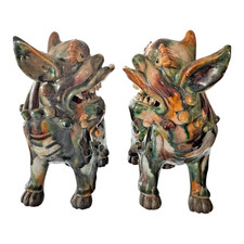 Antique Early Chinese Sancai Glazed Porcelain Foo Dog Lion Statues - Pair of 2 picture