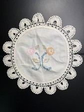 Vintage Handmade Cross Stitch Floral Doily 9” White Crochet Lace Round picture