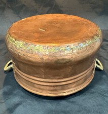 Antique Hand Hammered Copper Pot Rolled Edge Dovetailed Seam Brass Handles  picture