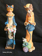Vtg 1990s Pencil Cat Figurines Pair / Sewing Knitting Folk Art Feline Resin 6” picture