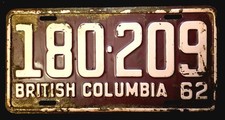 Vintage 1962 British Columbia License Plate - 180-209 Passenger Car picture