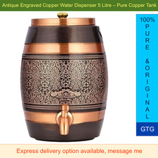 Pure Copper Water Dispenser Pot 5 Lt Countertop, Antique Engraved Barrel picture