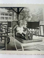 B&W snapshot photo 1960s lady swimsuit vacay happy summer relax picture