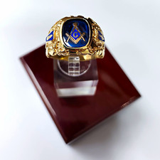 10k Yellow Gold Masonic Freemason Ring Square & Compass “G” Blue Enamel sz 11.5  picture