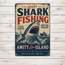 Shark Fishing Amity Island Coastal Marine Retro Metal Sign Plaque picture
