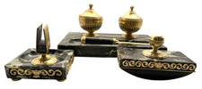 Antique French Napoleon III Gilt Bronze & Verde Antico Marble 4pc Desk Set 1890s picture
