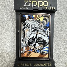 Vintage 1994 Zippo Raccoon Crawfish Wildlife Chrome Lighter w Display Case picture