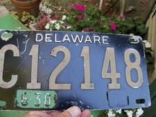 Vtg  6-30 Tab DELAWARE 5 Digit Black Steel  Riveted  C License Plate C12148 picture
