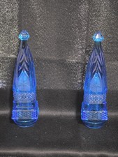 Vintage Antique 2 Blue Car Bud Vases Thick cut glass 1950s 7.75