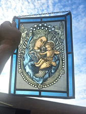 Vintage 1960s Stained glass window panel madonna child religion picture