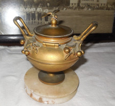 ANTIQUE GILT BRONZE INK WELL/DRAGON FLY ON TOP/MARBLE BASE/LEAF FILAGREE picture