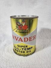 Vintage Invader Super All-Temp 1 Quart Motor Oil Can Knight Logo Philly Metal picture
