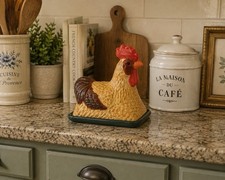 Vintage Style-Eyes Baum Bro Red Check Rooster 1/4 Lb Covered Butter Dish Figural picture
