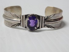 HEAVY VINTAGE NAVAJO STERLING SILVER AMETHYST CUFF BRACELET -  sgnd B. PIASO JR. picture