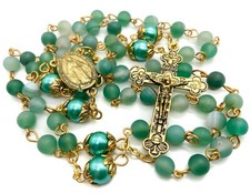 Green Rosary Matte Beads Beaded Pearl Necklace Miraculous Medal & Cross Crucifix picture