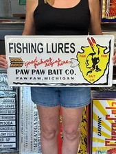 Antique Vintage Style Metal Sign Paw Paw Fishing Lures 24x12 Made in USA picture