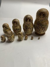 10 Pc Signed Russian Matryoshka Nesting Dolls Hand Painted Wood Floral Gold picture