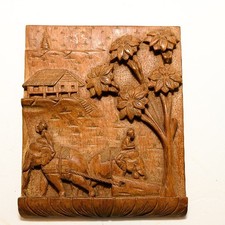 Hand Carved Wood plaque relief rural scene elephants picture