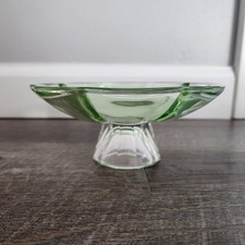 Green Crystal Pedestal Bowl Trinket Tray Simon Designs Compote Jewelry Dish MCM picture
