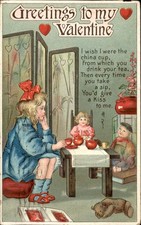 Valentine's Day Children at Tea Table Love c1910s-20s Vintage Postcard picture
