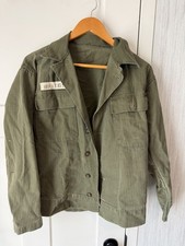 Vintage 1940s 1950s US Army HBT Utility Shirt Jacket Olive Cotton Distressed picture