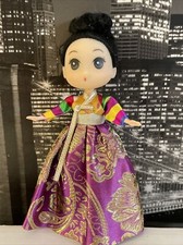 Korean Asian Big Eye Doll Keychain In Traditional Dress Gold Purple Adorable picture