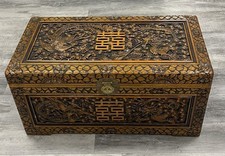 Vintage Chinese Carved Wooden Wedding Chest Dragon Phoenix Double Happiness picture