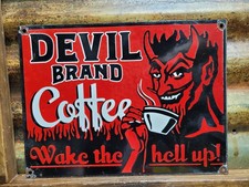 VINTAGE DEVIL BRAND COFFEE PORCELAIN SIGN RARE OLD HOT HELL BEVERAGE CAFE FOOD picture