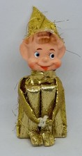 VTG Gold Metallic Pixie Elf Ornament Knee Hugger Japan Rubber Face Xmas picture