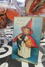 Vintage embossed Halloween witch postcard, Black Cat Pumpkin picture