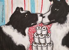 Border Collie Hoarding Toilet Paper Original Painting 9 x 12 Dog Collectible Art picture