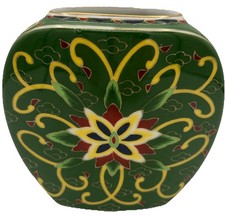 VTG Takahashi Kashmir Green Flat Vase Hand Decorated Floral Design 1981 picture