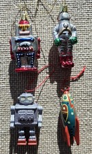 ( 4) SPACE ROBOT, Rocket , ASTRONAUT CHRISTMAS ORNAMENTS 2-3 Inches  picture