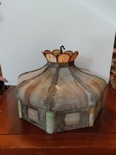 Large Antique 8 Panel Bent Slag Glass  Chandelier Shade Victorian Art Nouveau  picture