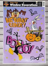 Looney Tunes Halloween Window Decor Bugs Bunny Daffy Taz VTG Me Want Candy Boo b picture