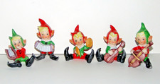 Vintage 5pc Set of Unmarked Christmas Ceramic Elf Elves Musicians Good Condition picture