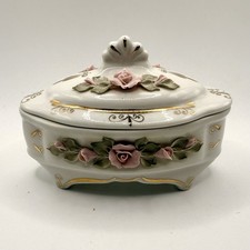 Vintage Porcelain Jewelry Trinket Box Roses Gold Floral Footed Oval 6” picture