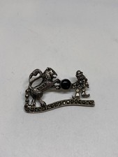 6.4g 925 STERLING SILVER ONYX BALL CLOWN HORSE FIGHTING MARCASITE PIN BROOCH picture