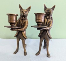 Vintage Brass Fox Butler Candle Holders Pair Anthropomorphic Figural Statue picture