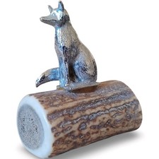 Vintage Silver Tone Fox Pewter Figurine On Real Deer Antler Base Rustic Cabin picture