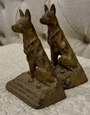 Pair Cast Iron Vintage German Shepherd Book Ends Aged Bronze Look picture