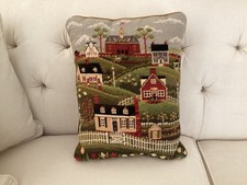 Wool Needlepoint Pillow-14”x18”-Zipper-Cottage Core-House/Landscape-Velvet-READ picture